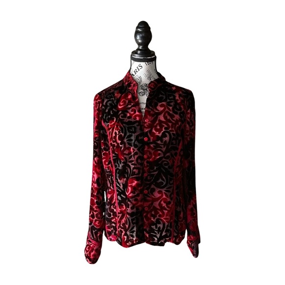 Vintage Black & Red Burnout Velvet Blouse — 90s Gothic Glam, Size M - Picture 2 of 4